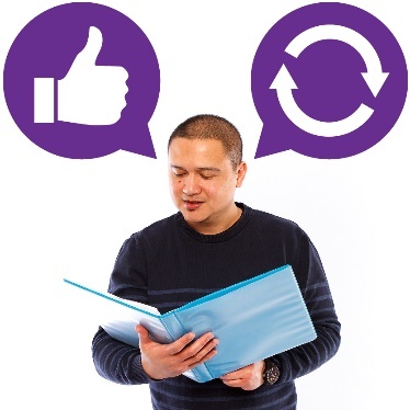 A person reading a document with a thumbs up icon and a change icon. 