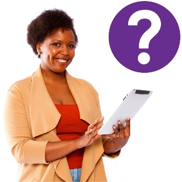 A person smiling holding an iPad, with a question mark next to them. 
