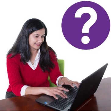 A person on a laptop with a question mark near them. 