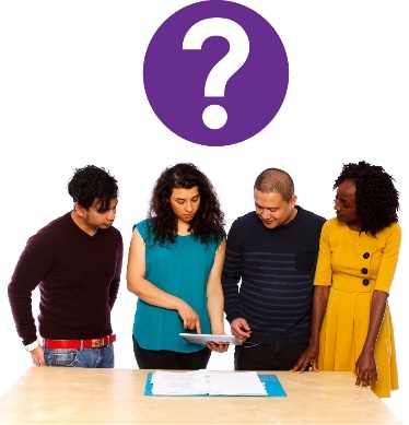 A group of people talking about a document, with a question mark above them. 