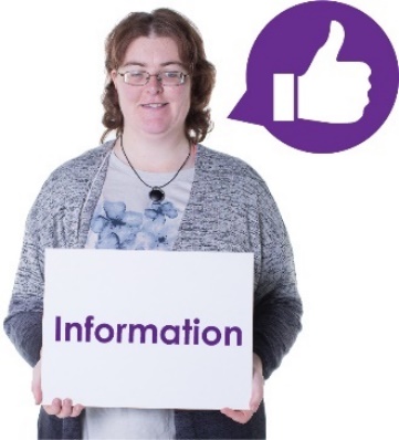 A person holding up the word information with a thumbs up icon in a speech bubble. 