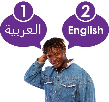 A person scratching their head, with a two speech bubbles with a language other than English in the first one, and the word English in the other one.