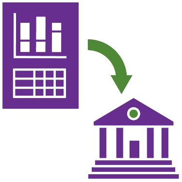 A data icon with an arrow pointing to a government building. 