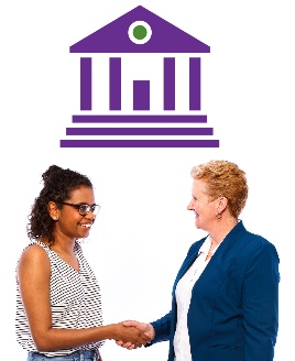 A person shaking hands with someone else in a suit. There is a government building behind them. 