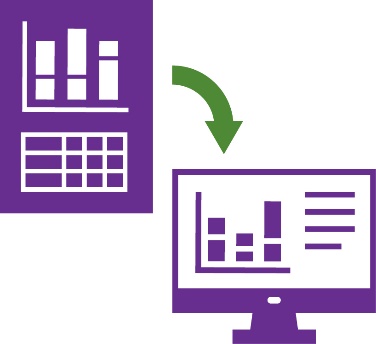 A data icon with an arrow pointing to a computer with a graph on it. 