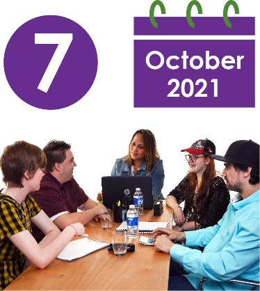 A group of people having a meeting around a laptop. Above them is a calendar icon saying October 2021 and the number 7.