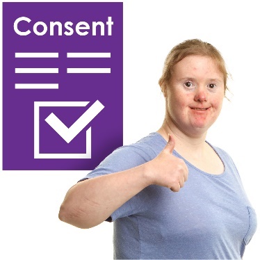 A person pointing at themselves. There is an icon of a consent form with a tick on it. 