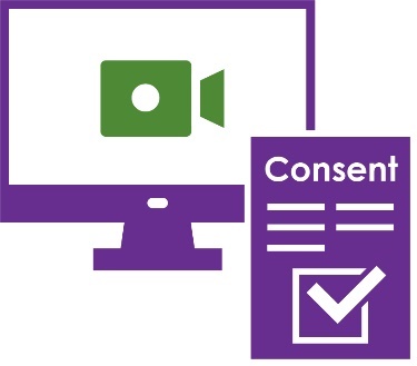 A recording icon on a computer screen. There is also a consent form with a tick on it. 