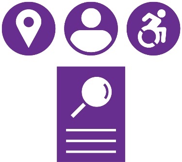 A map icon, a person icon, and a disability icon above a document with a magnifying glass on it. 