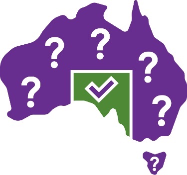 A map of Australia with South Australia highlighted with a tick. The other states have question marks on them. 