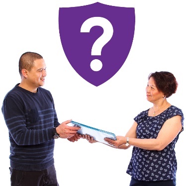 Two people exchanging a document with a safety icon above them. There is a question mark in the safety icon. 
