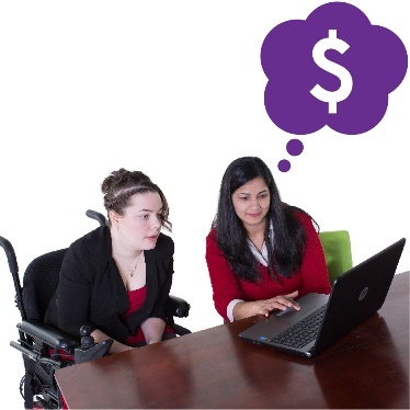 Two people looking at a laptop, one of them has a thought bubble with money inside it. 