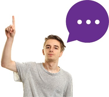 A person with their hand raised and a speech bubble. 