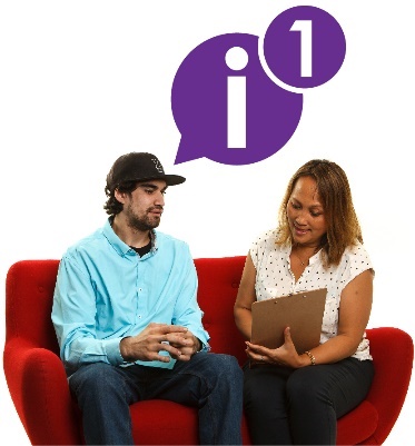 A person giving information with a number 1 next to the information icon. There is a person recording what they are saying on a clipboard. 