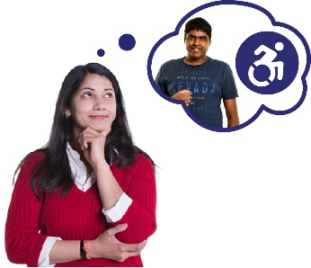 A woman thinking and a thought bubble with a man pointing at himself and the disability icon in it. 