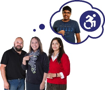 A group of people and a thought bubble with a person pointing at themselves and a disability icon in it.
