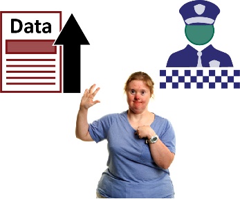 A woman pointing at herself, a police officer icon and a document with 'data' on it and an arrow pointing up.