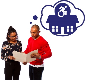Two people reading a document and a thought bubble with a disability and house icon in it.