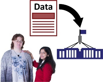 A woman supporting another woman and a data icon with an arrow pointing at Parliament house.