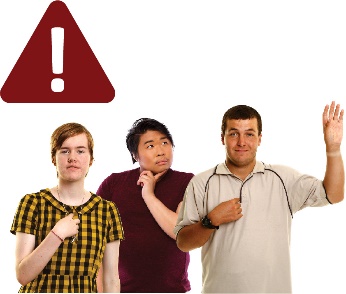 A group of people pointing at themselves and a problem icon.