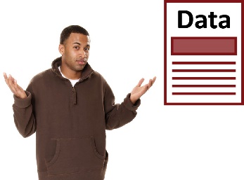 A person shrugging and a document with 'data' on it. 