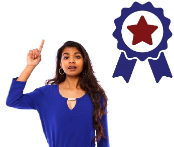 A woman raising her hand to say something and a badge with a star on it.