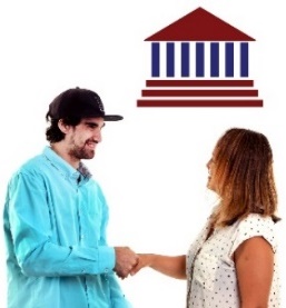 A woman and a man shaking hands and a government icon. 