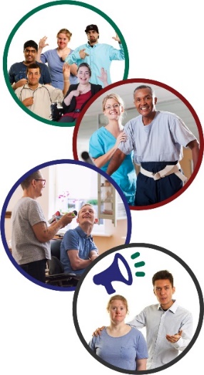 Montage of four images. The first is a group of people with disability pointing at themselves, the second is a woman helping a man walk, the third is a person helping a man in a wheelchair and the fourth is a man supporting a woman and a megaphone icon.