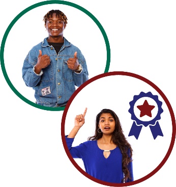 Montage of two images. The first is a man giving two thumbs up, the second is a woman raising her hand to say something and a badge with a star on it.