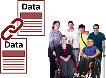 A diverse people of people with disability. A document with 'data' on it and chain linking it to another document with 'data' on it.