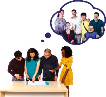A group of people reading a document. Above them is a thought bubble with a group of people with disability in it. 
