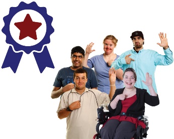 A diverse group of people with disability and a badge with a star on it. 