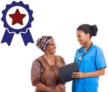 A woman showing a clipboard to another woman, a badge with a star on it. 