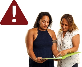 Two women reading a document and a problem icon. 