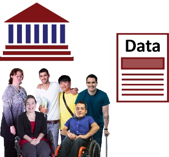 A group of people with disability, a government and data icon. 