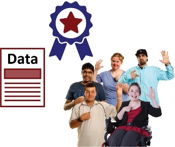 A diverse group of people with disability pointing at themselves and a badge with a star on it. Next to them is a document with data on it. 