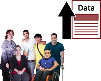 A group of people with disability, an arrow pointing up and a document with data on it. 