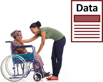 A woman helping another woman in a wheelchair and a document with data on it. 