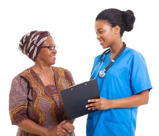 A nurse showing a woman information on a clipboard.