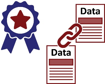 Two documents with data on them that are linked and a badge with a star on it. 