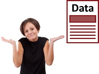 A woman shrugging and a document with 'data' on it. 