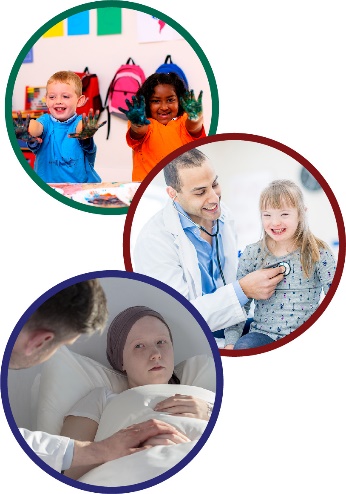 Montage of three images. The first is two children in childcare, the second is a doctor helping a young girl, and the third is a child in hospital. 