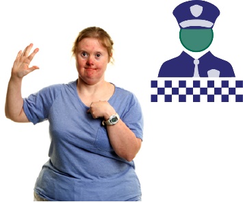 A woman with a hand on her chest and a police officer icon. 