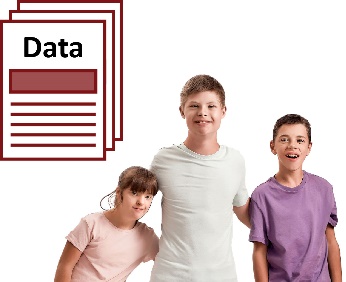 A group of children with disability and a stack of documents with 'data' on it. 