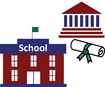 A school, scroll and government icon.