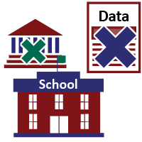 A government and data icon with crosses on them. They are above a school icon.