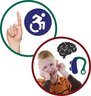 Montage of two images. The first is a hand with one finger in the air and a disability icon, the second is a boy holding his face and a brain and hearing aid icon. 