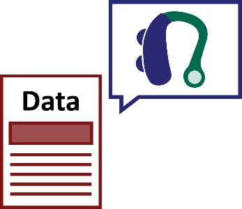 A data icon and a speech bubble with a hearing aid in it.