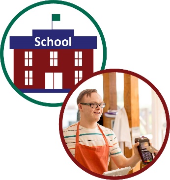 Montage of two images. The first is a school, the second is a man working in a cafe. 