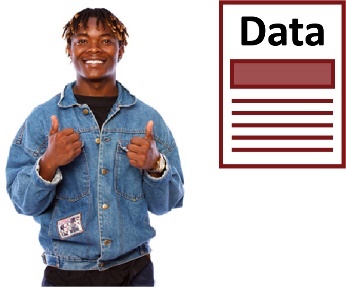 A man giving two thumbs up and a data icon. 